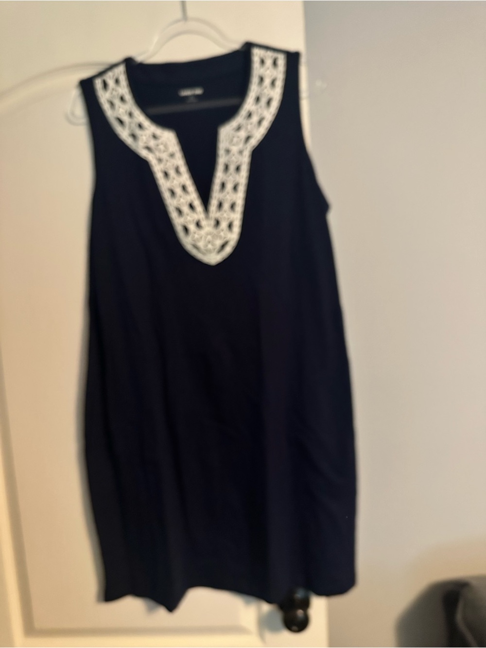 Lands' End Black Sleeveless Tunic with White Crochet V-Neck